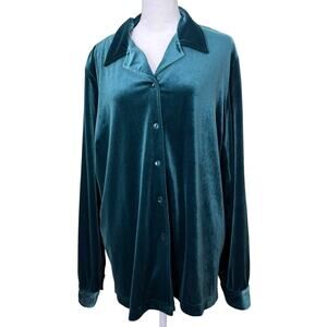VTG Sag Harbor Green Velvet Velour Button Up Long Sleeve Top Extra Large 90s